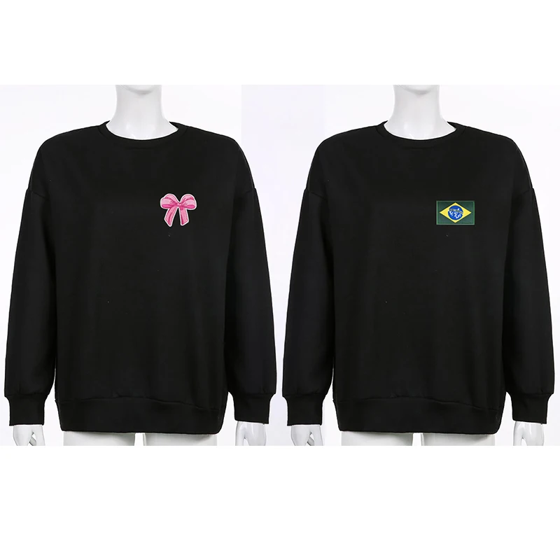 2025 New Black Sweatshirt Casual Sweet Bow Embroidered Comfortable Loose Long Sleeve Crew Neck Hoodie Men's Fashion Pullover ﻿