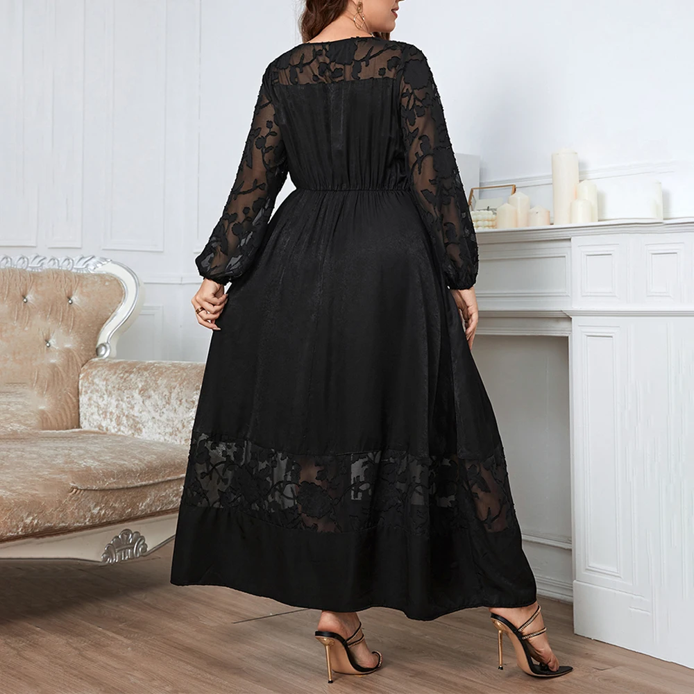 Plus Size Lace Women Long Sleeves O Neck Patchwork A Line Party Dress Autumn Winter Female Elegant Evening Night Gown Dresses