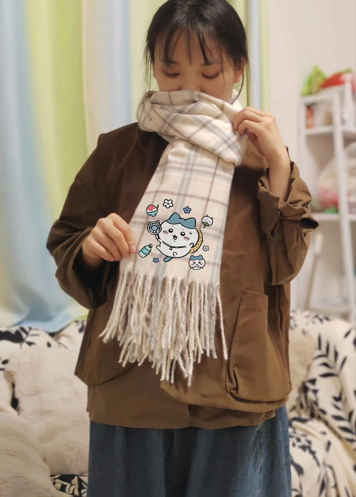 Chiikawa Cartoon Cute Hachiware Scarf for Men and Women Autumn and Winter Momoka Shawl Warm Scarf Girl Gift