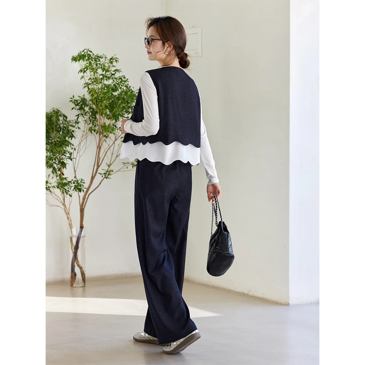 VIMLY Women's Suit Spring New Design Sense Contrast Color Patchwork Vest Wide Leg Trousers Casual Commute Two Piece Set A3766