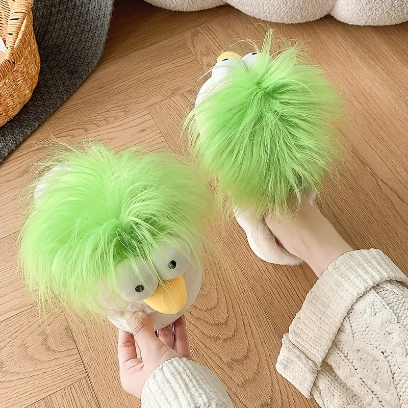 ZUOFU Unisex Lustige Grüne Vogel-Plüsch-Hausschuhe für Herbst und Winter, Rutschfeste EVA-Sohle, Flauschig Warm, Offene Zehenpartie – Detail 1
