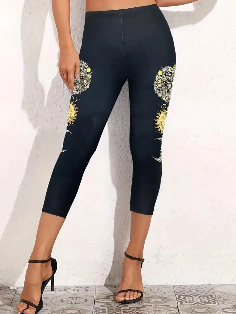 Moon  print stretch slim elastic waist tight casual leggings capri pants women