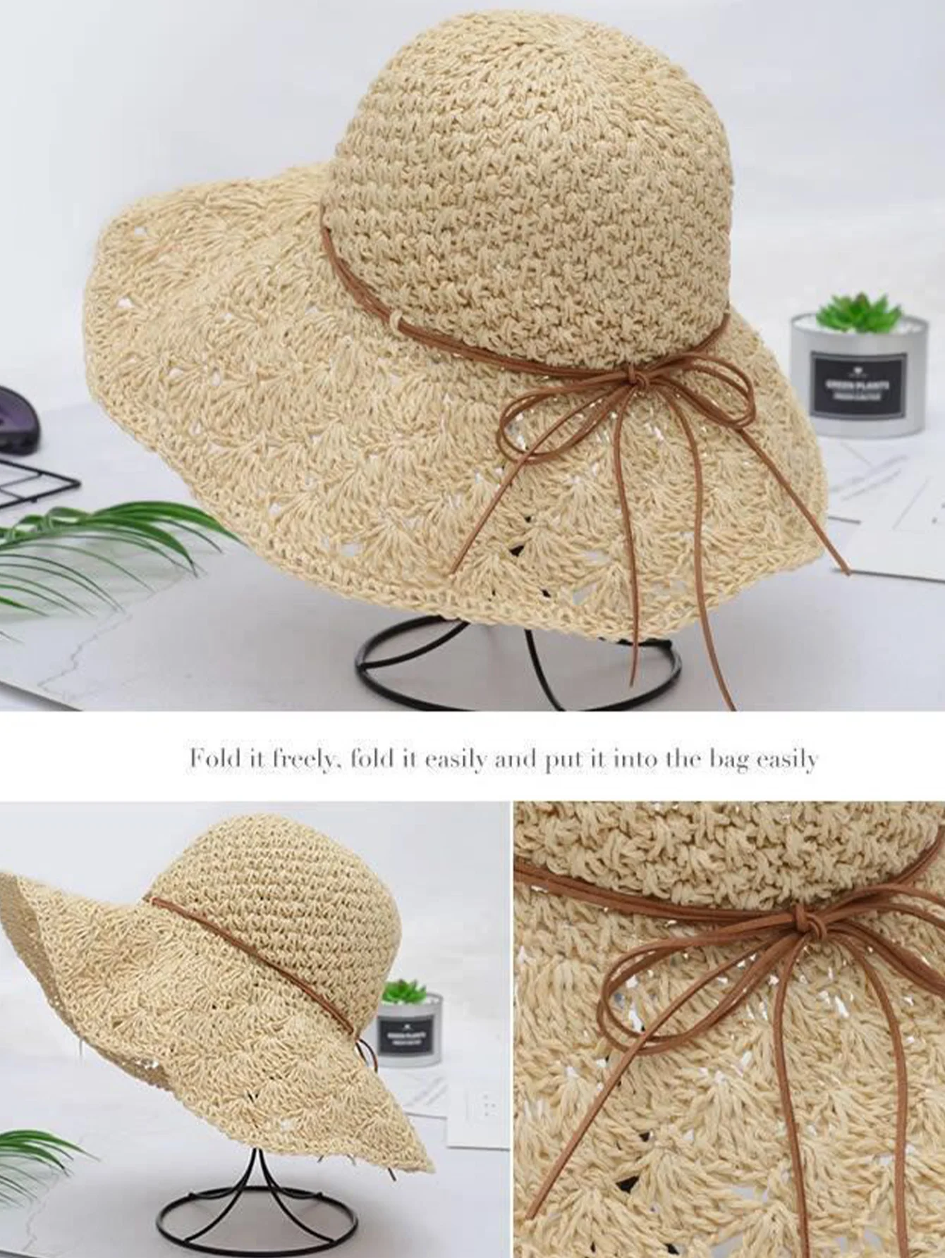 Handmade Straw Hat for Women Summer Fashion Bowknot Foldable Sunscreen Panama Lady Wide Brim Outdoor UV Sunscreen Beach Cap