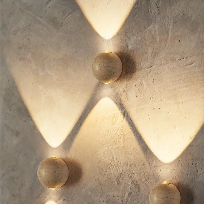 Japandi Travertine Wall Light Sphere Natural Stone Up Down Wall Sconce Industrial Modern Bedroom Bedside Hallway Art Lamp