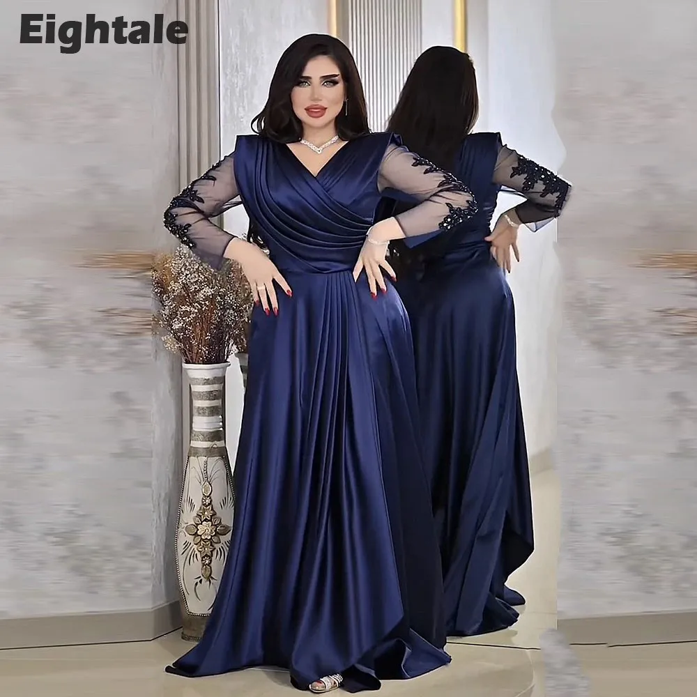 

Eightale Arabic Evening dresses V-Neck Appliques Beaded Long Sleeves Navy Blue Floor Length Satin Prom Party Gown Robe De Soirée