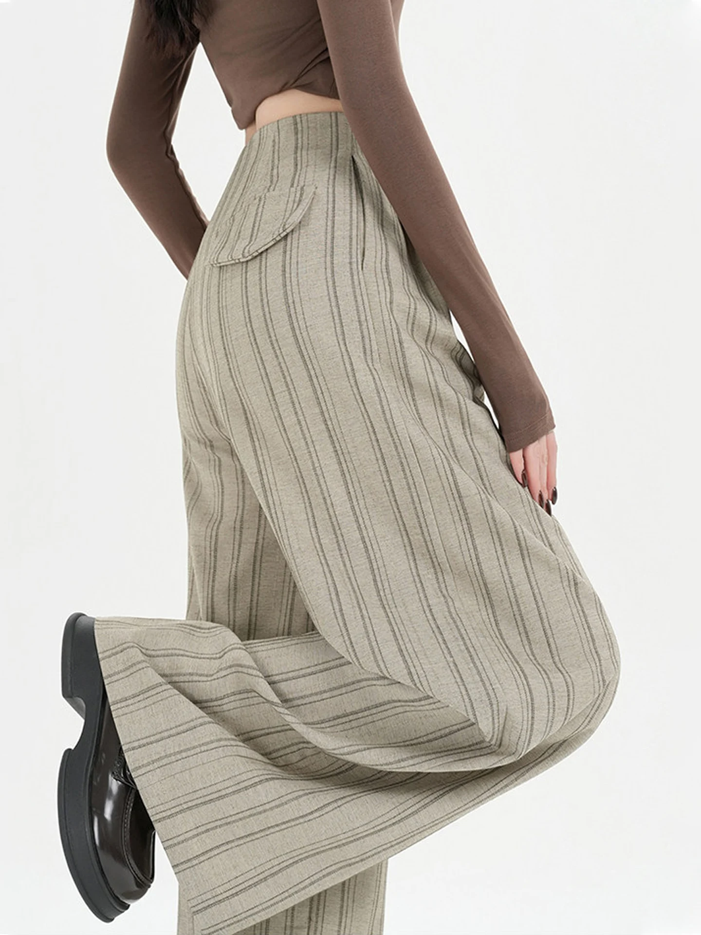 

Ретро-брюки из льна цвета хаки с полосками, женские, премиум-класса, новинка ранней весны, корейский стиль, драпированные, прямые, широкие штанины