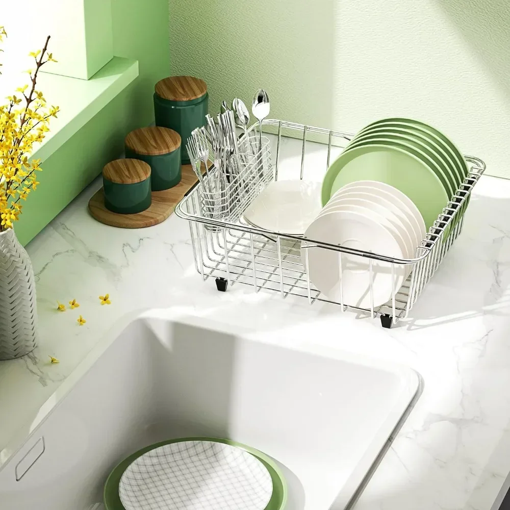 

t Dish Drying Rack in-Sink, 304 Stainless Steel Dish Drainer with Stainless Steel Silverware Holder Over Inside Sink-Adjustable