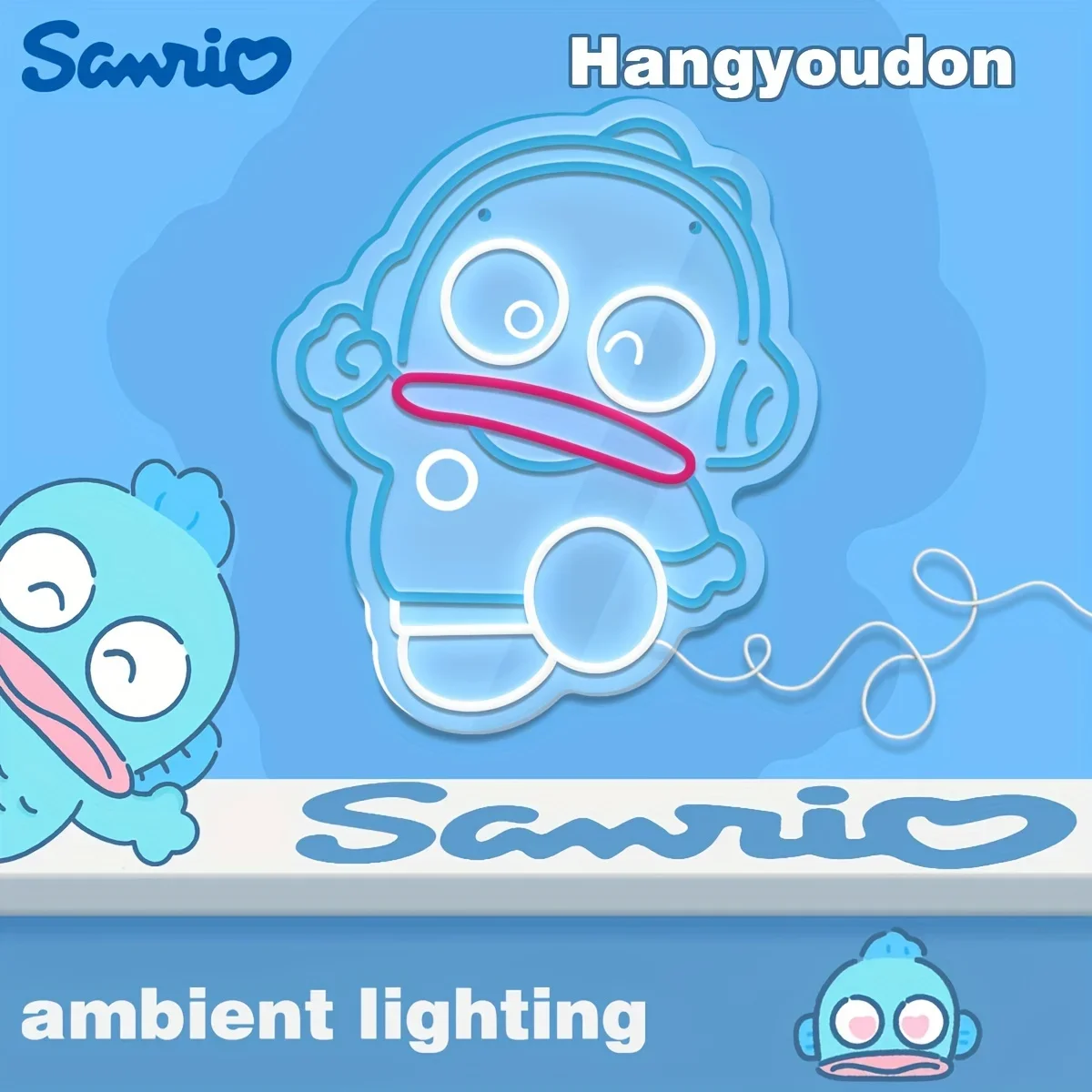

Неоновая вывеска Sanrio Half Fish для декора стен, многоцветная светодиодная подсветка для спальни, домашнего декора, неоновые светильники с питанием от USB, подарки для детей и мальчиков