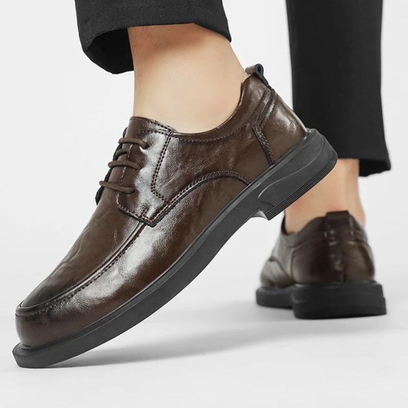 

Мужская повседневная кожаная однотонная обувь с круглым носком и низким берцем, стильная новая высококачественная износостойкая новая официальная обувь