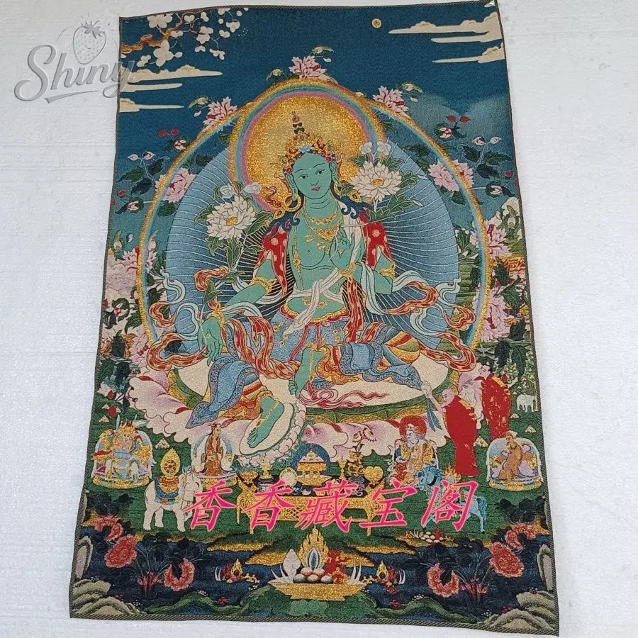 35.4″ Green Tara Thangka Painting Brocade Tibetan Tangka Embroidery Painting Gold Thread Embroidery Decorative Hanging Pictures