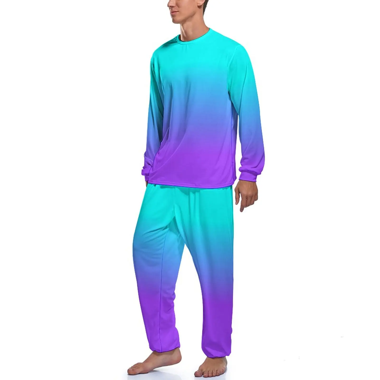 Ombre Print Pajamas Men Purple and Blue Soft Nightwear Daily Long Sleeve 2 Pieces Aesthetic Printed Pajama Sets