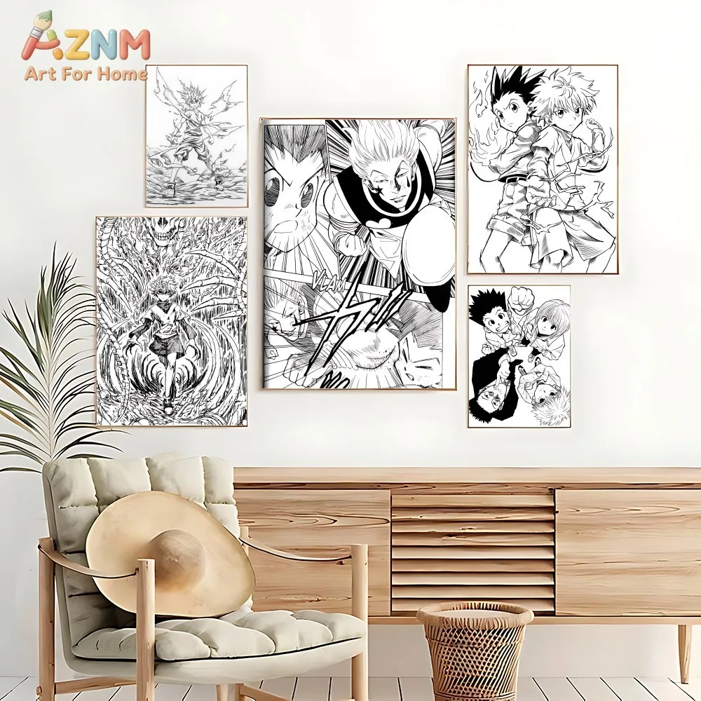 AZNM Hunter X Hunter Black White Manga Canvas Print Unframed Gon Killua Hisoka Anime Line Art Poster Boys Room Wall Decor Painti - view 4