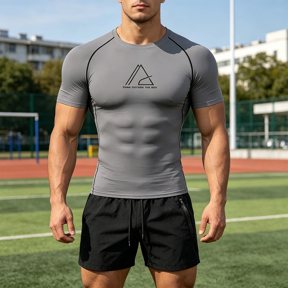 

Men 2 Piece Gym Athletic Set Compression Short Sleeve Rashguard Triangle Print & Quick Dry Swim Trunks With Dual Zipper Pockets