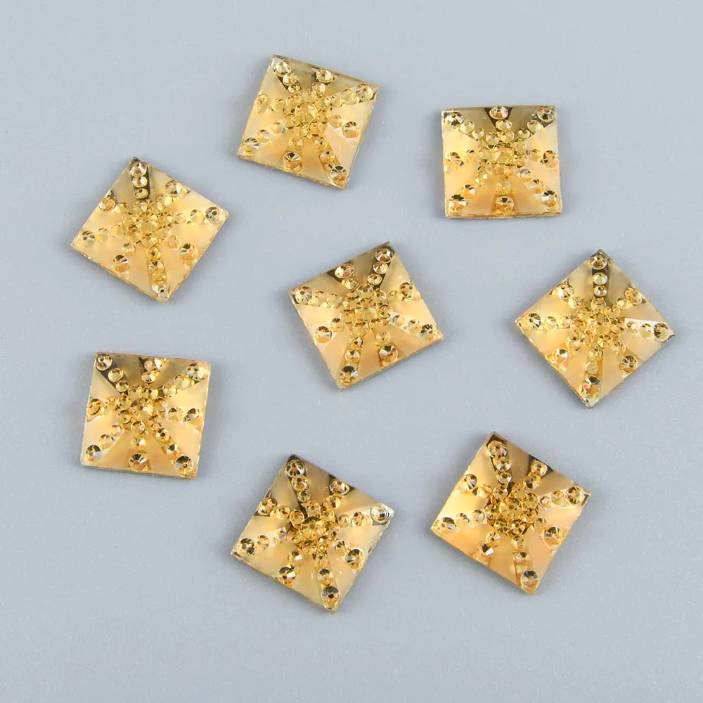 40pcs 14mm Square Champagne Resin Rhinestone Gem Glue on Clothes Home Decor Lamp Shades Crafts DIY Wedding Appliques Decoration