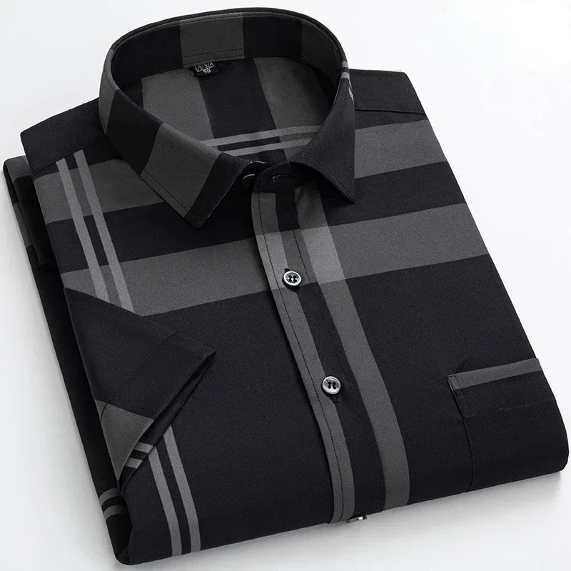 

Half Sleeve Shirt Men Plaid Shirt Bronzing Stretch Anti-wrinkle Casual Male Social Formal Shirts Short Sleeve for Men Clothing