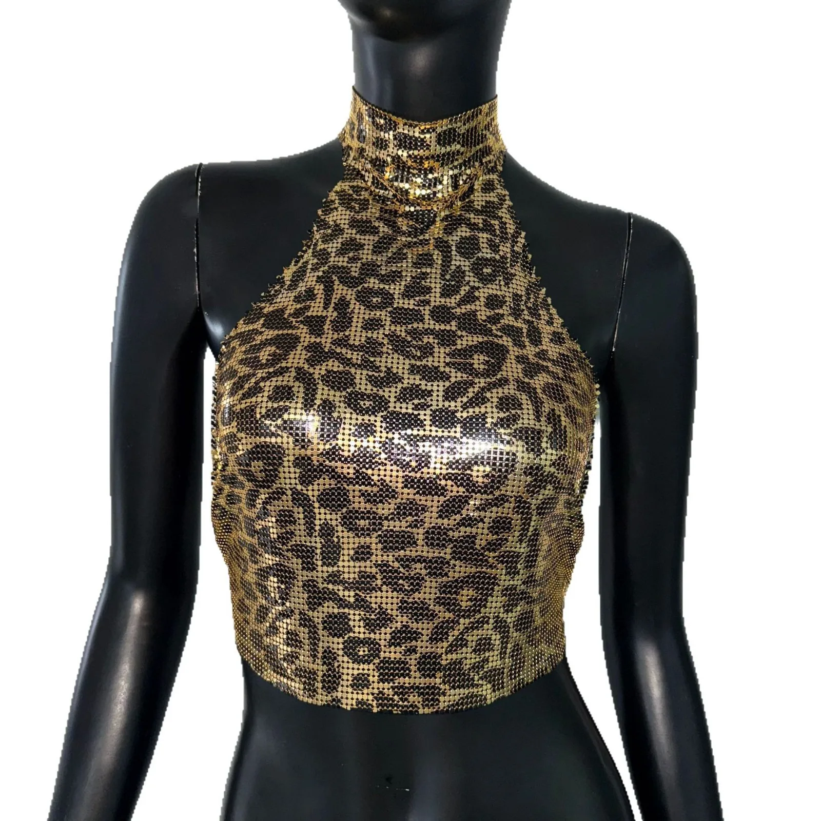 Euro American leopard print hot girl small vest sexy halter neck suspenders metal sequin top music festival outfit suspenders