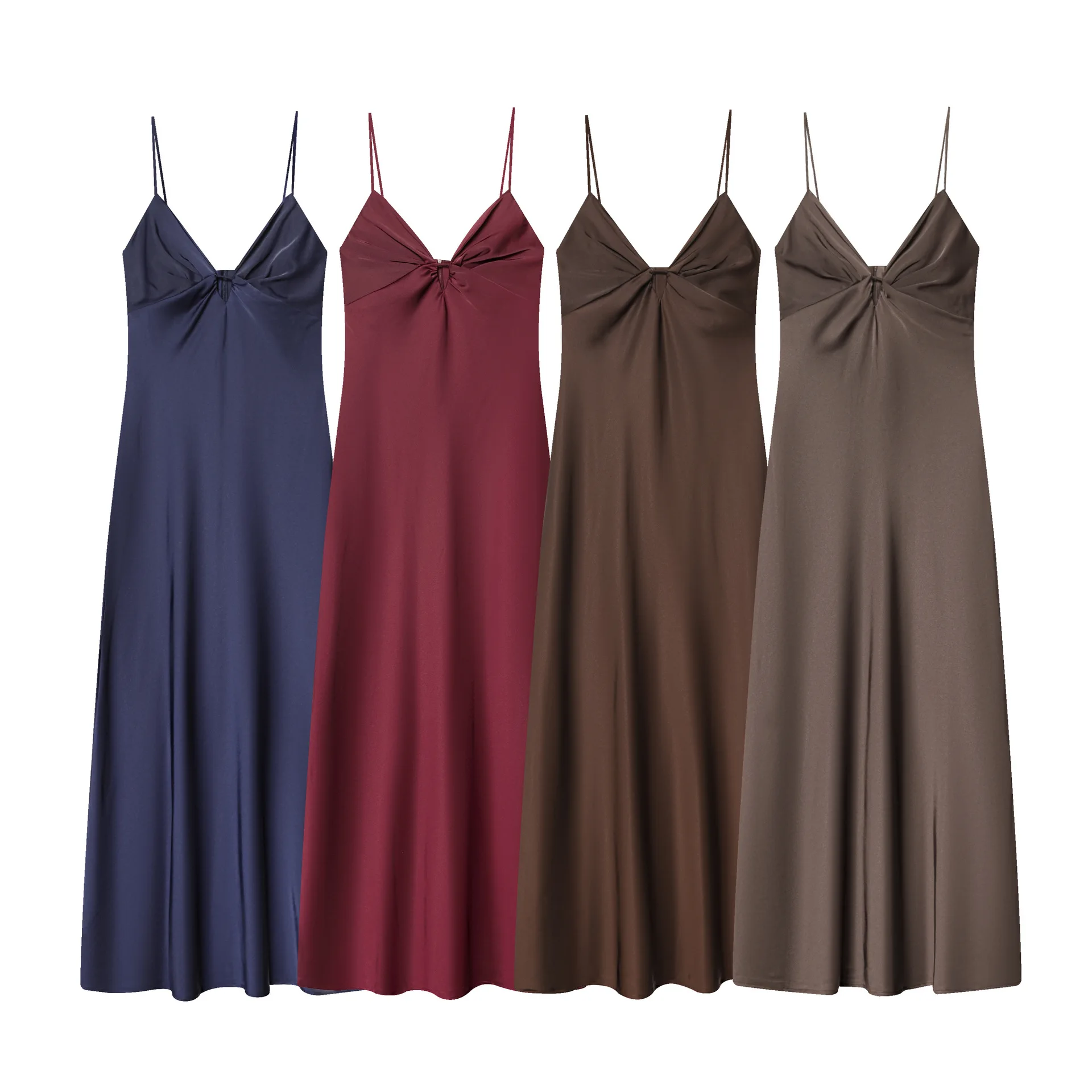 

Women's Fashionable Casual Pleated Silk Satin Midi Strap Dress ODV9
