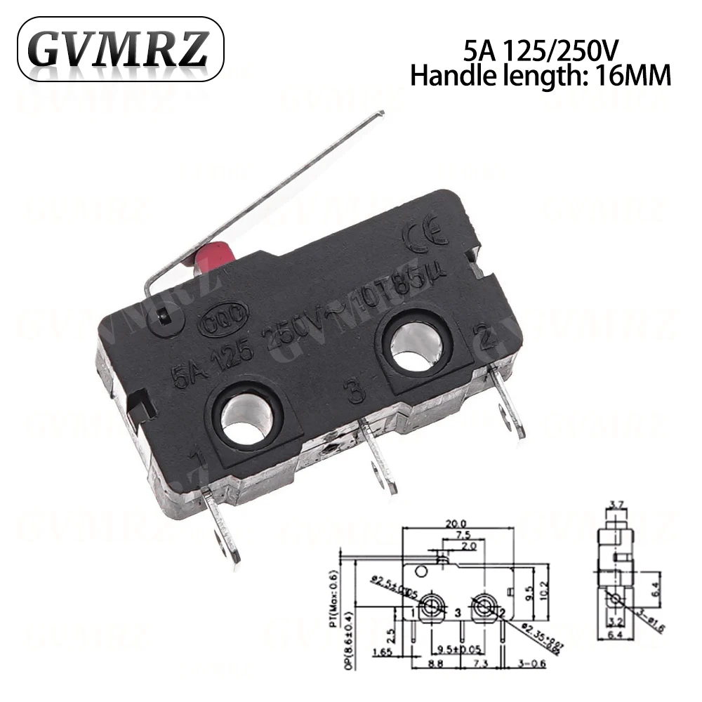 10PCS Micro Switch Copper Contact 5A 125/250V Mini Limit Switch No Nc 2/3Pin Roller Arc Rod Quick Button Switch