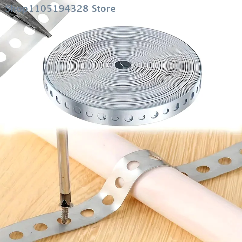 [YA] 1 لفة من شريط فولاذي مجلفن 15 متر شريط معدني متعدد الفتحات مثبت مسبقًا لدعم الأنابيب ولوحة تسجيل طوق العمل المعدني