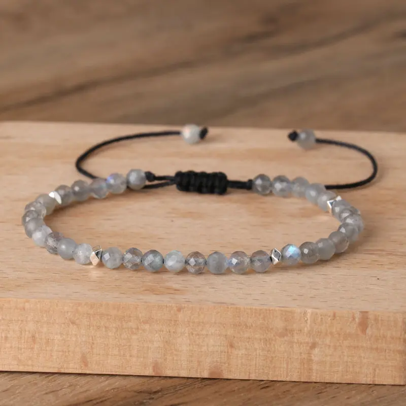 1 PC Bohemian 4mm Natural Stone Gray Moonstone Bracelet Adjustable Yoga Healing Crystal Charm Bracelets for Women Jewelry