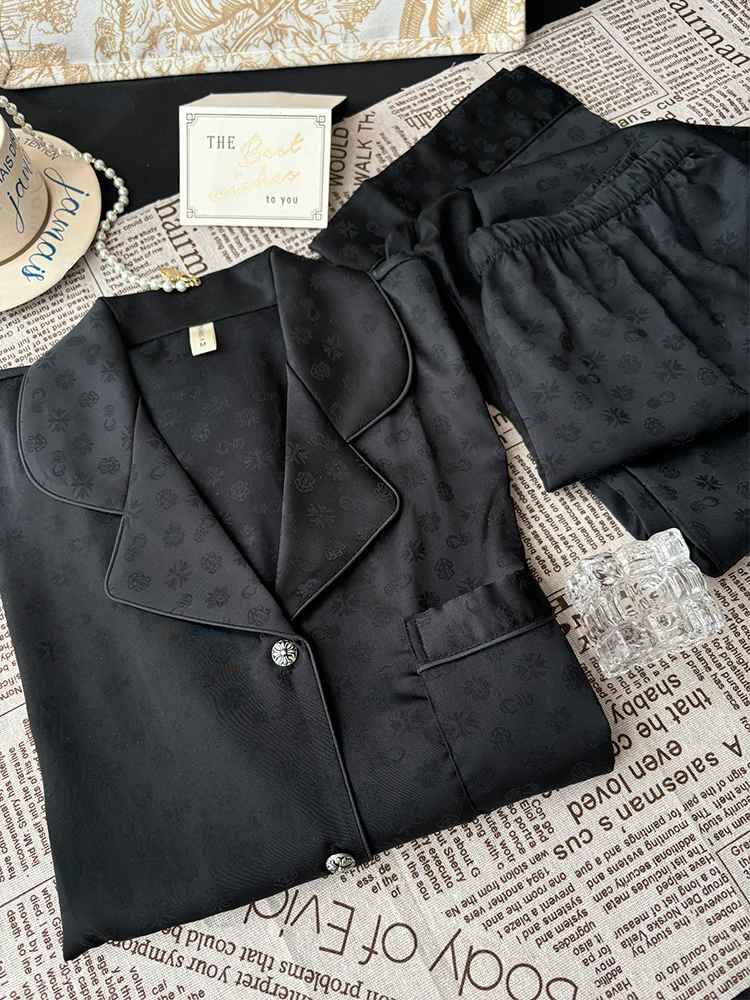 2025 Autumn New Dark Pattern Jacquard Ice Silk Long-sleeved Pajama Set Casual Comfortable Skin-friendly Outdoor Loungewear Women