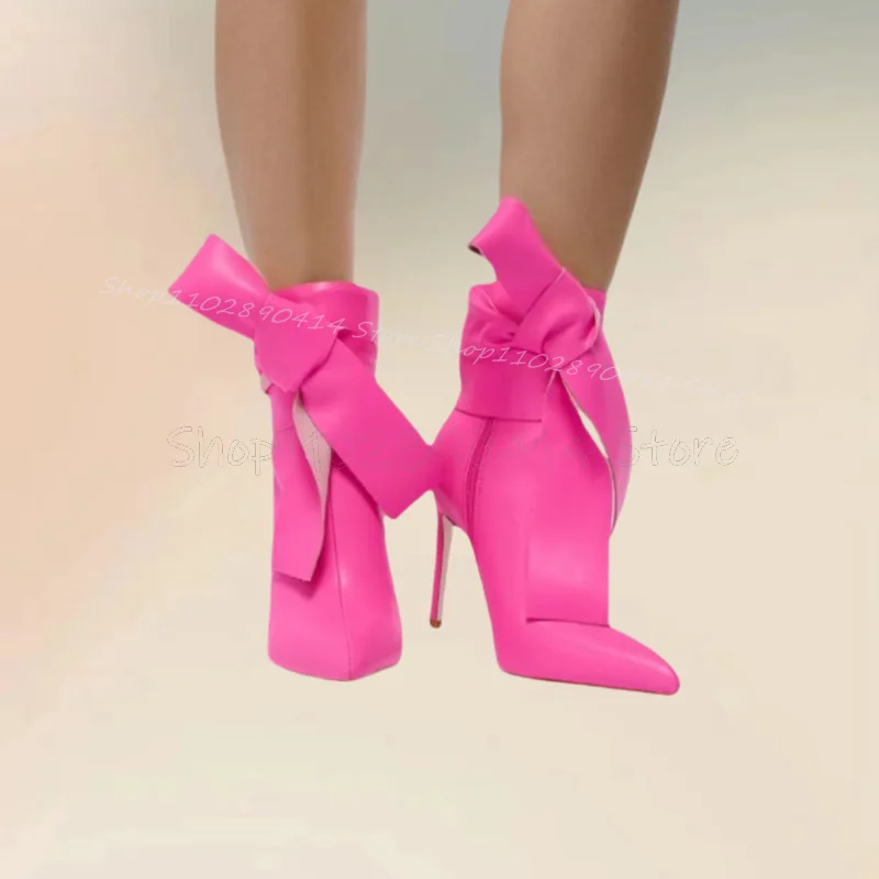 

Rose Red Leather Knot Design Pointed Toe Boots Side Zipper Women Shoes Thin High Heels Fashion Banquet 2025 Zapatos Para Mujere