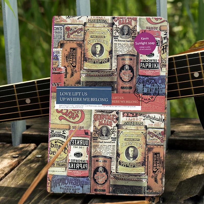 

A5 Vintage Notebook,Retro Stamp Collage Hardcover Journal With Colorful Inner Pages,Lined Writing Notebook For Students Office