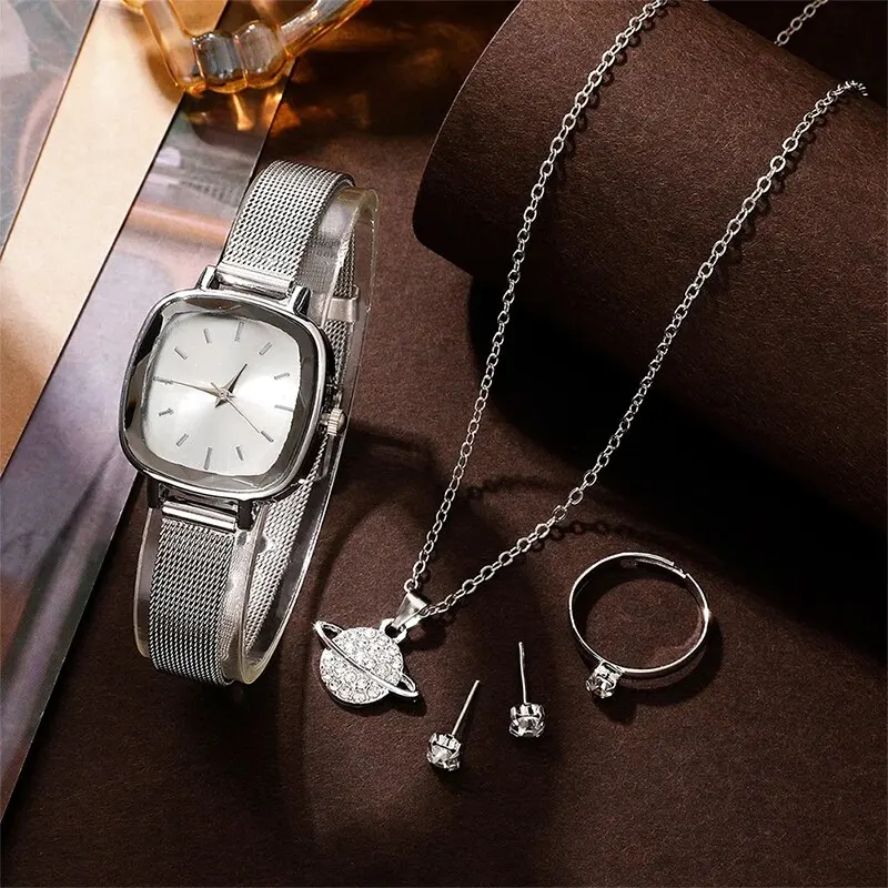 5PCS Set Luxury Watch Women Ring Necklace Earrings Rhinestone Fashion Wristwatch Female Casual Ladies Watches Gift Montre Femme