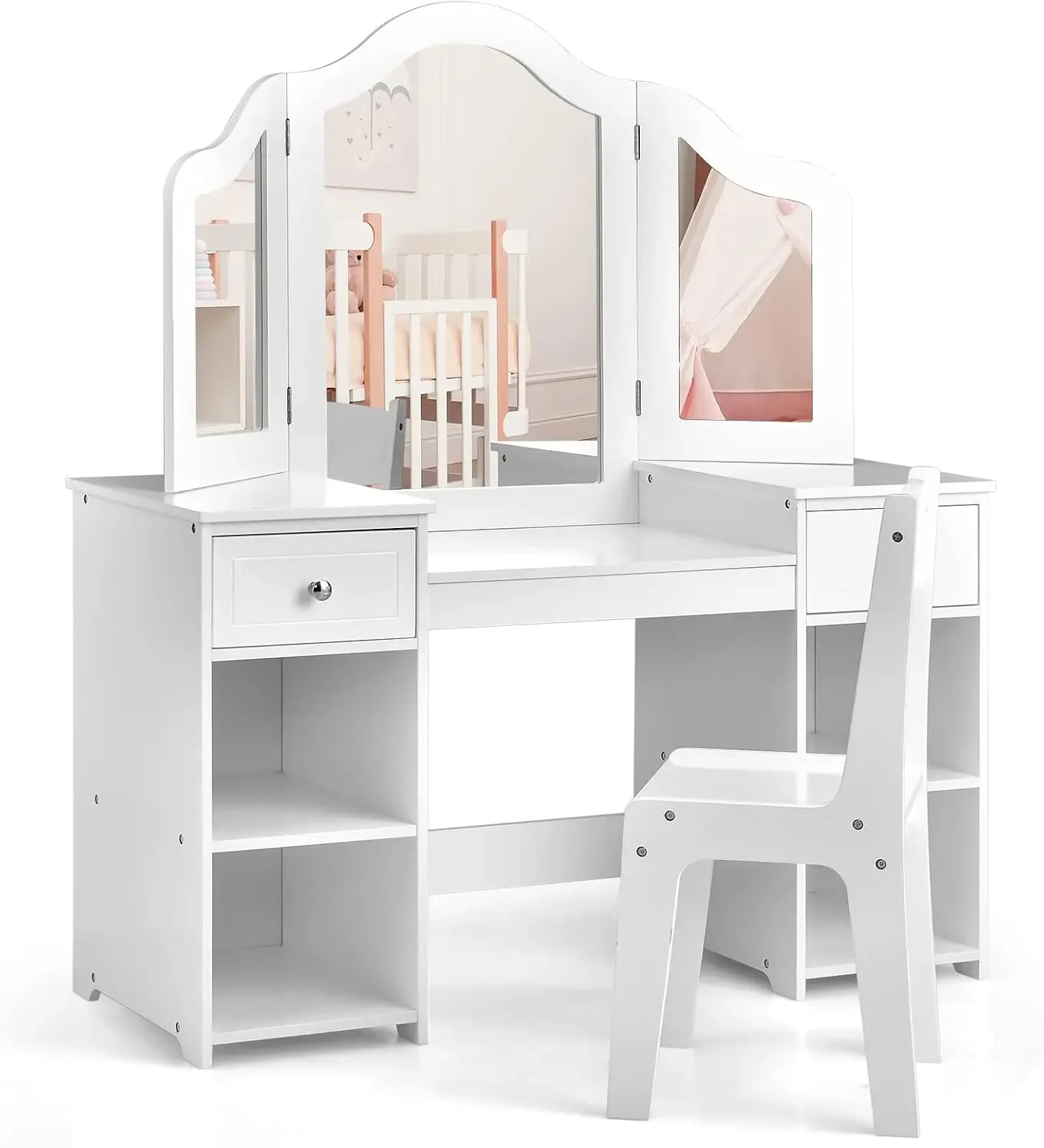 Ensemble bureau et chaise de maquillage princesse 2 en 1, vanité pour enfants, poignées de douche de proximité, miroir amovible, grandes étagères de rangement