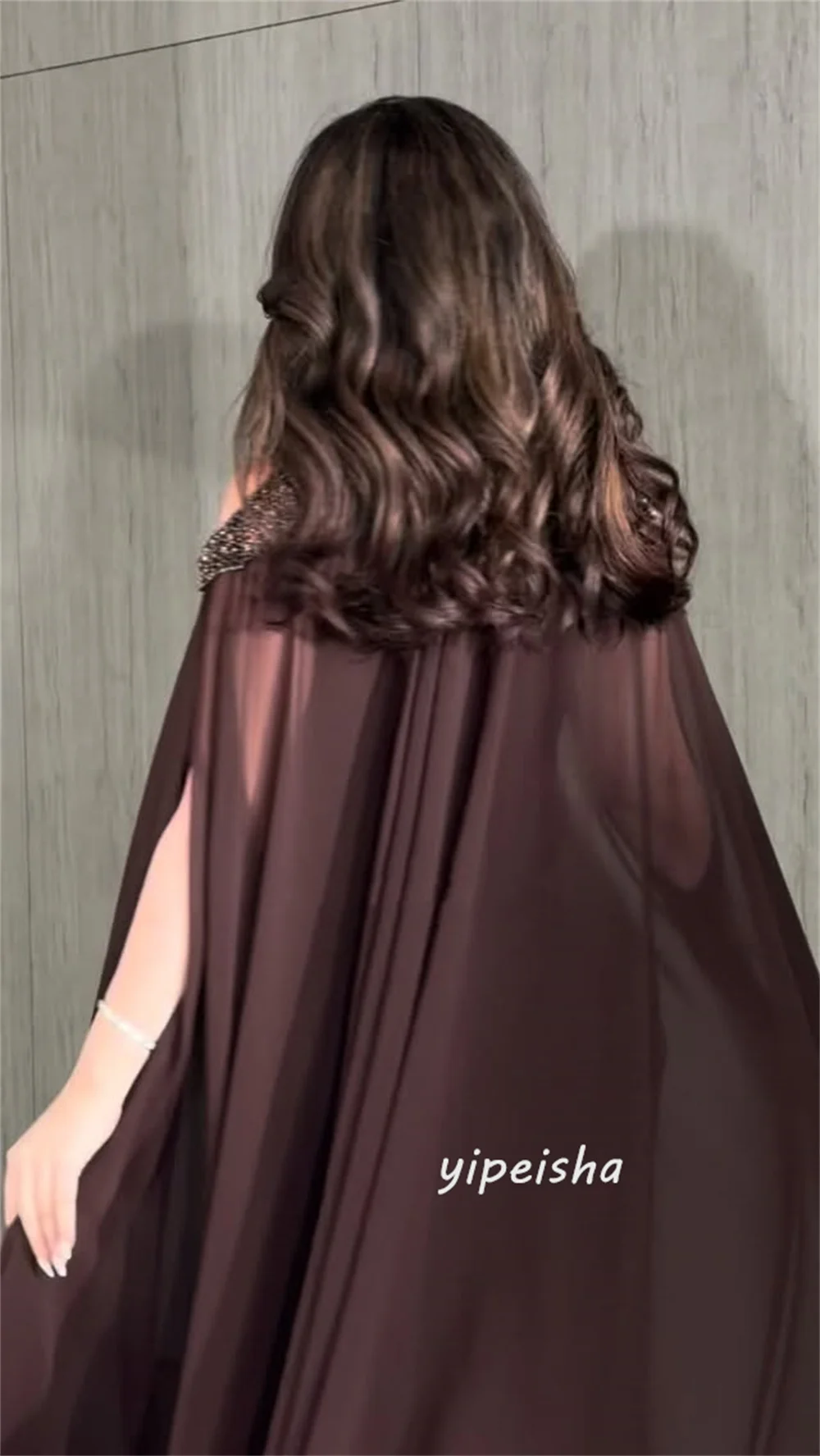 Customized Brown Modern Style Chiffon Beading Sequined Pleat A-line High Collar Long Dresses Evening Dresses Sizes Available image 4