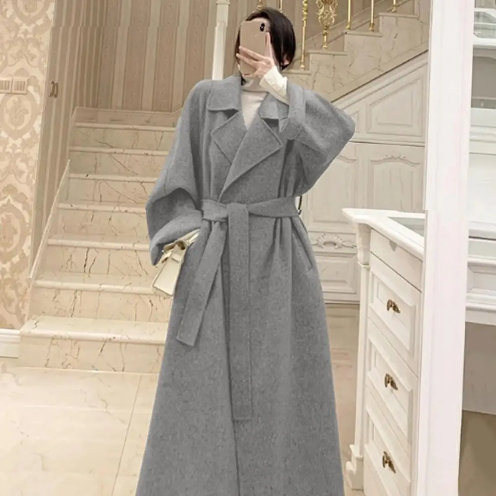 

Wool Blend Coat Stylish Women's Winter Overcoat with Belt Pockets Chic Mid Length Cardigan Coat for Commuting Dating Warm