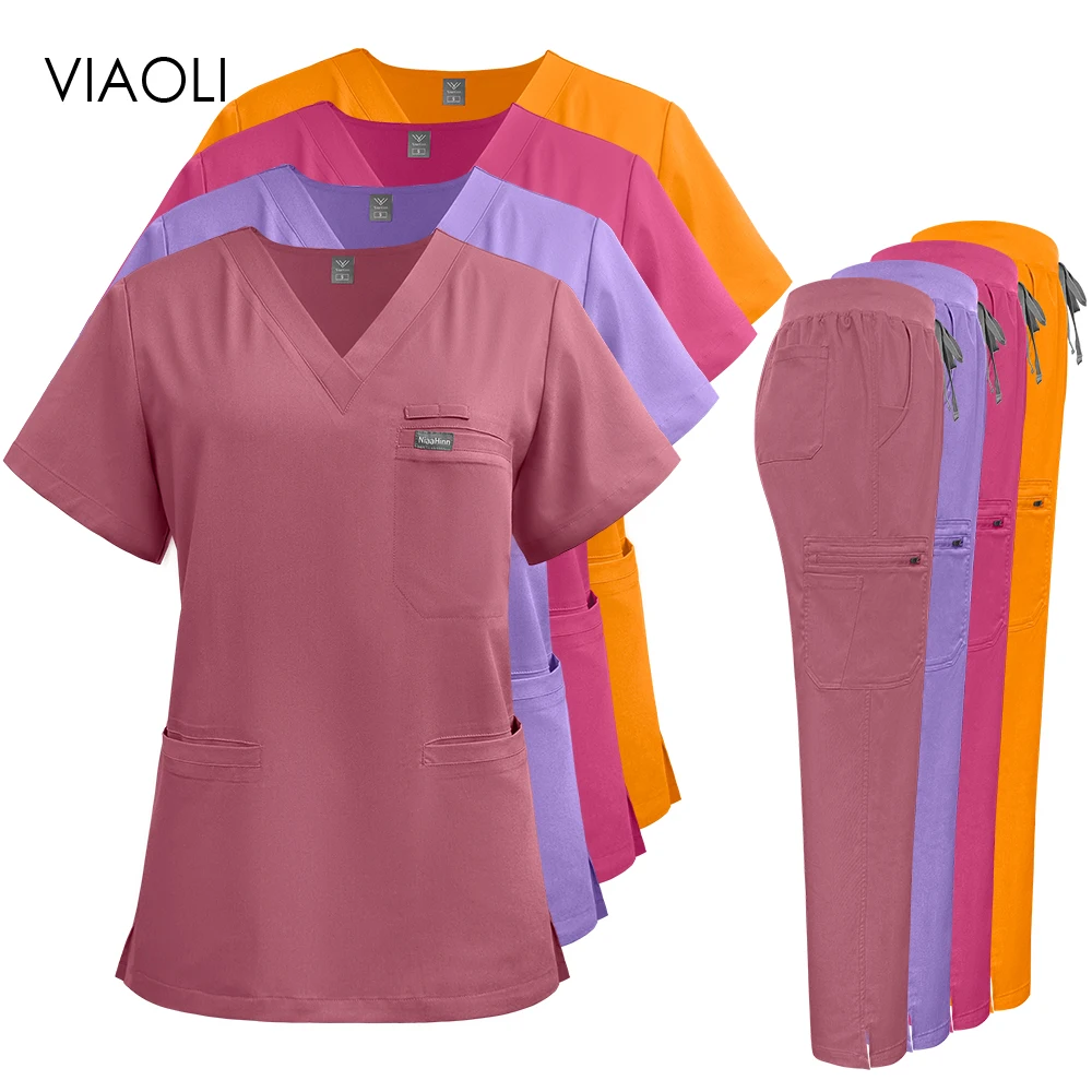 Скрабы с v-образным вырезом, топ, прямые брюки, комплект униформы, медицинская униформа медсестры, комбинезон для стоматолога, аптека, рабочая одежда, карманный костюм Скрабы с v-образным вырезом, топ, прямые брюки, комплект униформы, медицинская униформа медсестры, комбинезон для стоматолога, аптека, рабочая одежда, карманный костюм