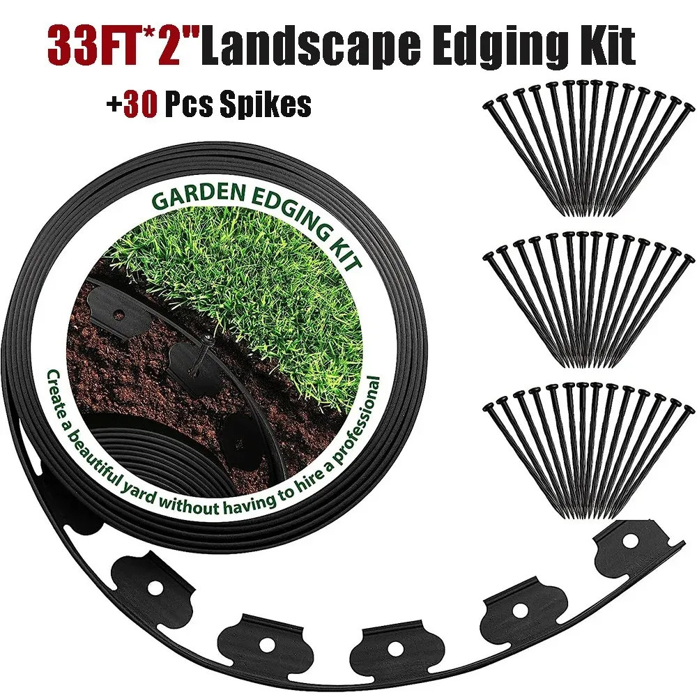 Garden 33FT*2'' Landscape Edging Kit, Garden Edging Coil Comes with 30 Pcs Spikes, No Dig Lawn Border Design