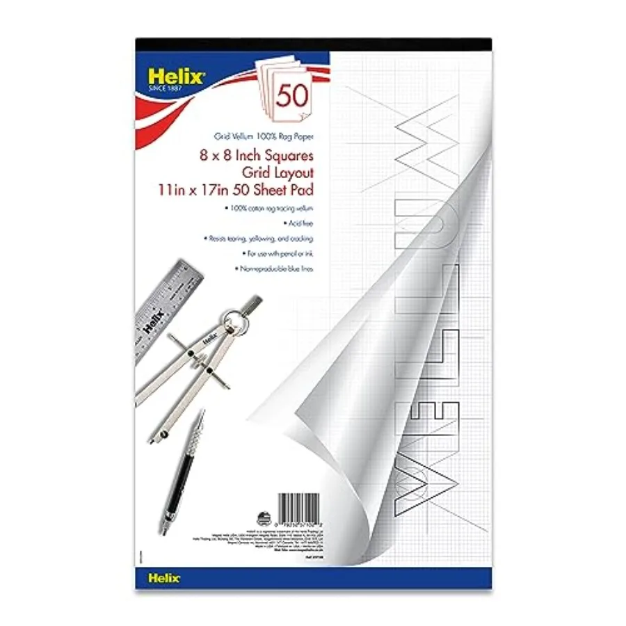 

Блокнот для рисования Heli - 0% Rag Vellum Paper Pad - с сеткой 1 дюйм (2,54 см) - 50 листов - без кислот - для черчения, рисования и копирования