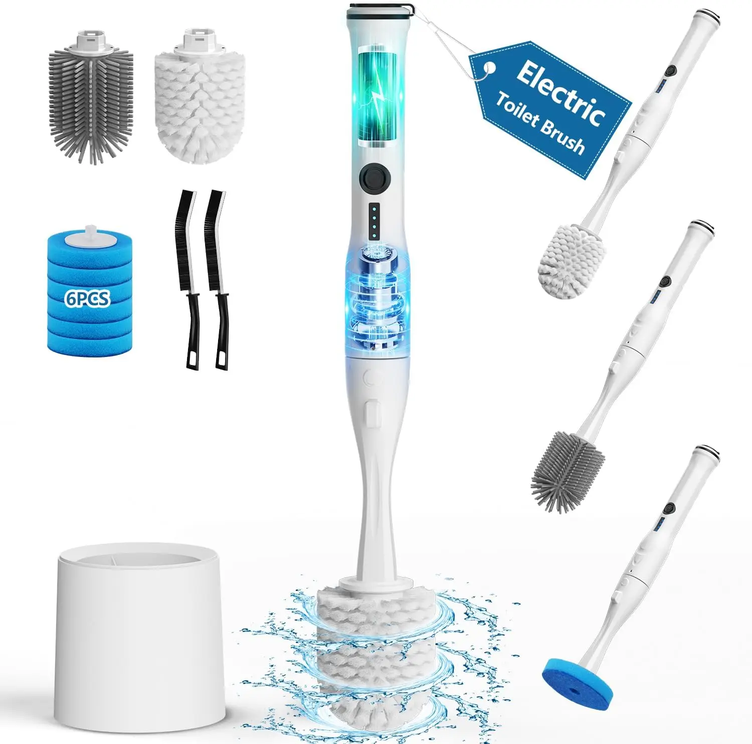 

Electric Toilet Brush and Holder Set, 8 in 1 Electric Toilet Bowl Cleaning Kit with 8 Replaceable Brushes, Hard Nylon Br