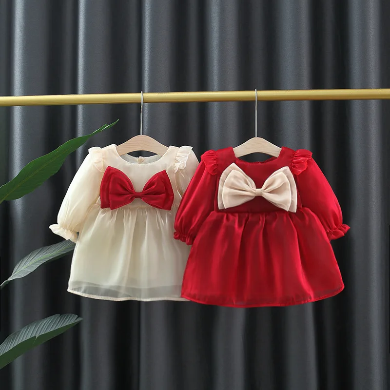 Spring And Autumn New Baby Girls Dress Solid Color Round Neck Lantern Sleeve Lace Pleated Bow Sweet Princess Dress Birthday