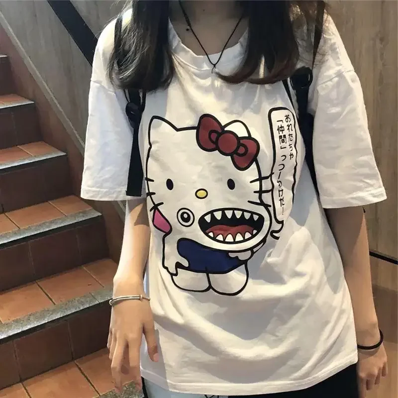 Miniso Hellokitty Top T-shirt Sanrio Kitcat Girl Women Summer Korean Casual Style Cute Pajamas Home Wear Outdoorwear New Clothes