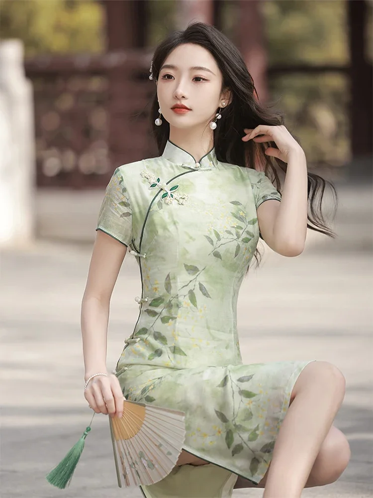 

Yourqipao Летнее улучшенное Cheongsam с цветочным принтом в стиле ретро, сексуальное среднее повседневное вечернее платье Qipao в китайском стиле для женщин
