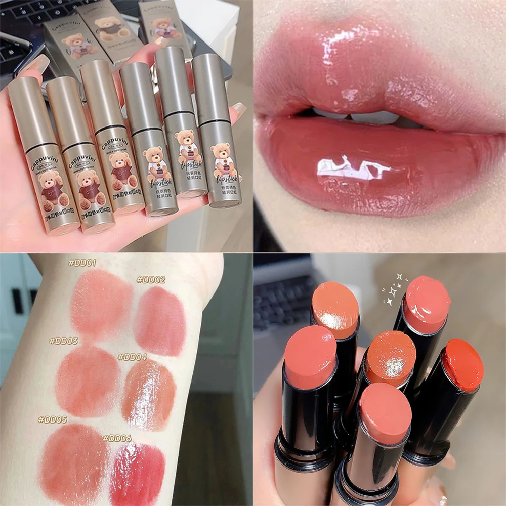 Bálsamo labial geléia natural clara hidratante urso, brilho labial sólido, tonalidade fofa, cuidado labial anti-secagem, maquiagem laranja pêssego, cuidado labial