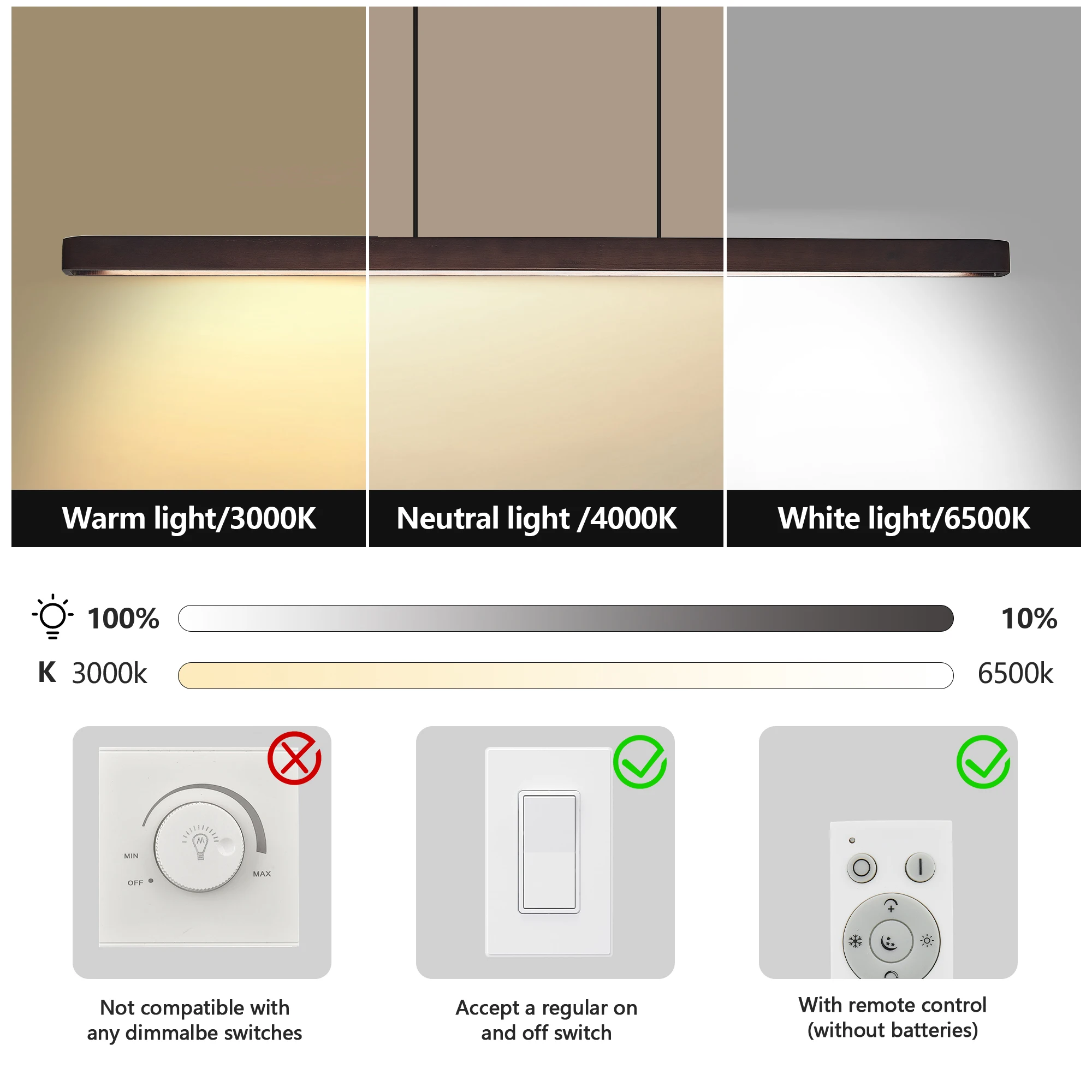 Arlgsite Minimalist 51" Wood Linear Pendant Light Fixture Led Dimmable Ceiling Pendant Hanging Light Adjustable Billiard Pool