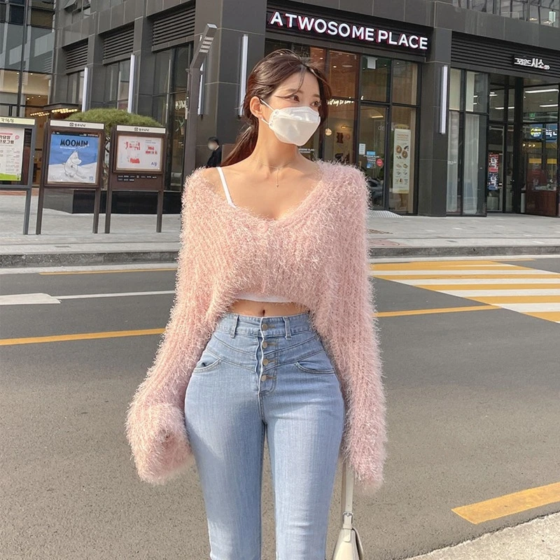 Maglione cardigan aperto lavorato a maglia V-Ne chic da donna lungo sciolto Sve soffice sensazione autunno inverno pigro Sle design a due bottoni