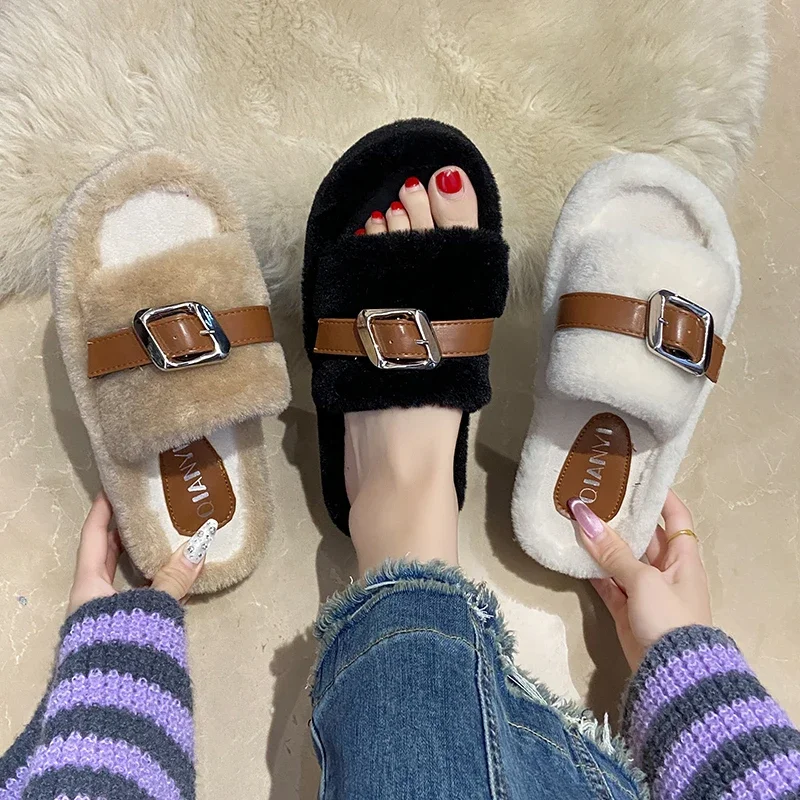 2024 Slipper Women's Eyelet Buckled Fluffy Casual Slippers Lady Thick Bottom Leisure Shoes Thick Flat Sole Outdoor Plush Slipper