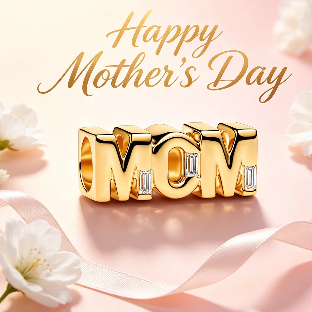 Gold-Plated Copper "MOM" Charm, Fits European Bracelet, Elegant Sentimental Mother Jewelry Gift