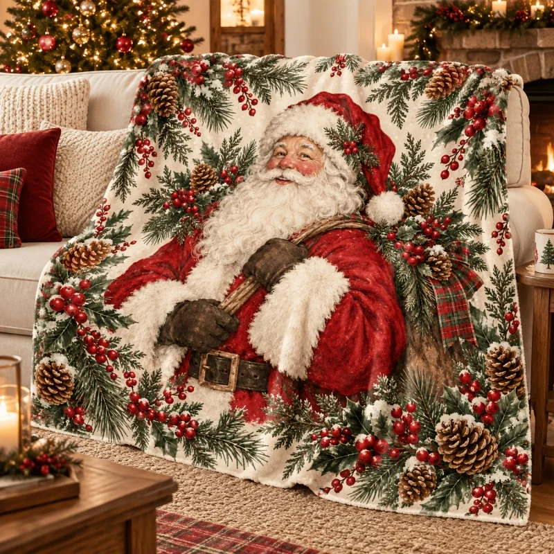 Vintage Santa Gift Rocking Horse Holly Pine Cone Print, Soft Cozy Decor Blanket for Sofa Bed, Retro Christmas Holiday