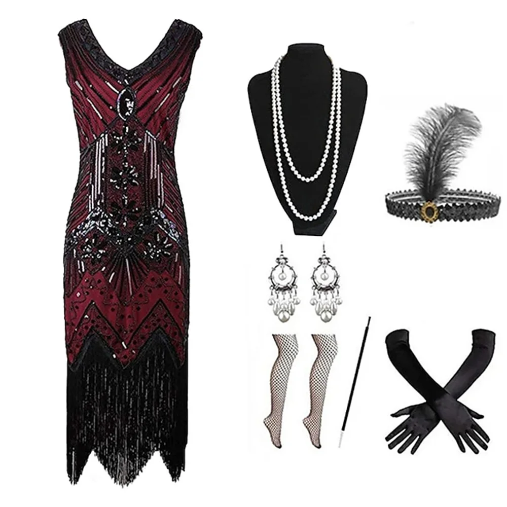 Vestido de Flapper para mujer, traje Retro Vintage rugiente de los años 20 y 1920, trajes del gran Gatsby, lentejuelas, flecos y borlas