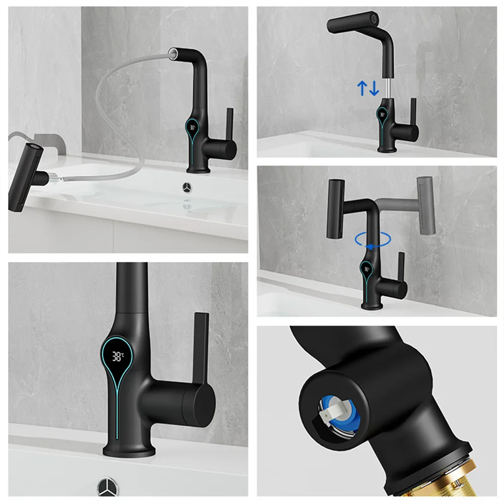Temperature Digital Display Basin Faucet 4 Function Stream Sprayer Waterfall Hot Cold Water Sink Mixer Wash Tap for Bathroom