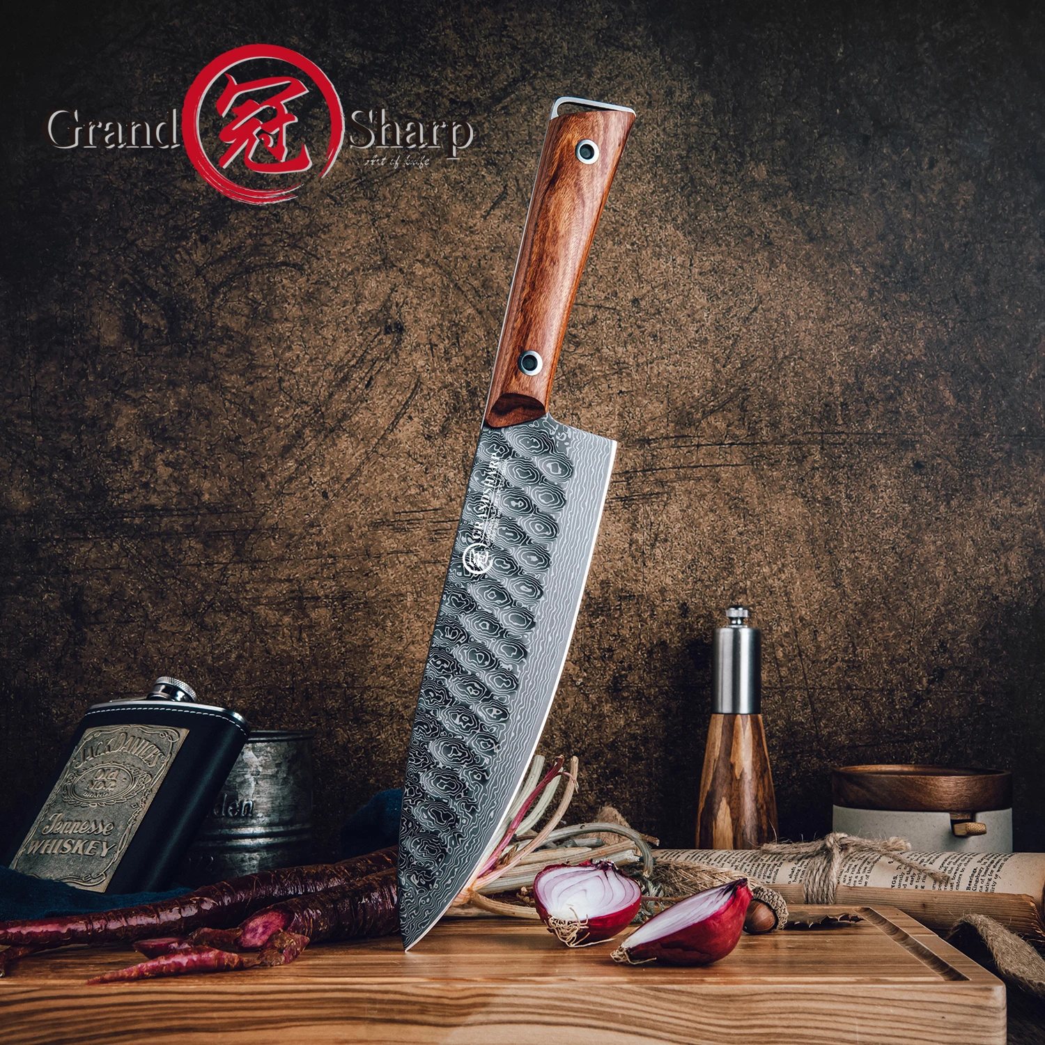 

Grandsharp 8-дюймовый роскошный нож шеф-повара 67 слоев 10Cr15MoV Core дамасская сталь Африканская ручка из розового дерева Подарочная коробка Ножи Santoku