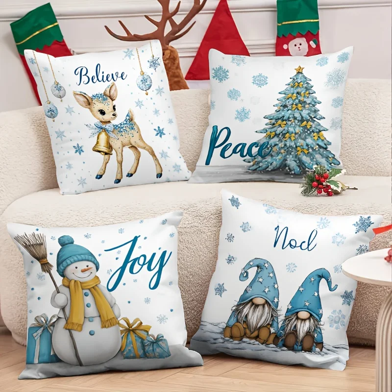 2D flat print, 4pcs, pillowcases. Features a deer, Christmas tree, snowman, and elf in blue and white tones. Perfect for Christm