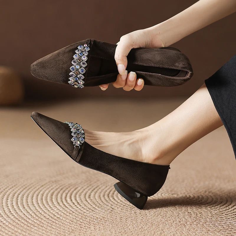 2026 new spring summer women pumps natural leather 22-25cm kid suede+sheepskin pointed toe round heel rhinestone women shoes