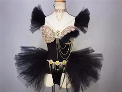 Club Party Model Catwalk Dance Show Outfit Sexy Gold Rhinestones Chain Bodysuit Female Singer Bar Nightclub Stage Costume